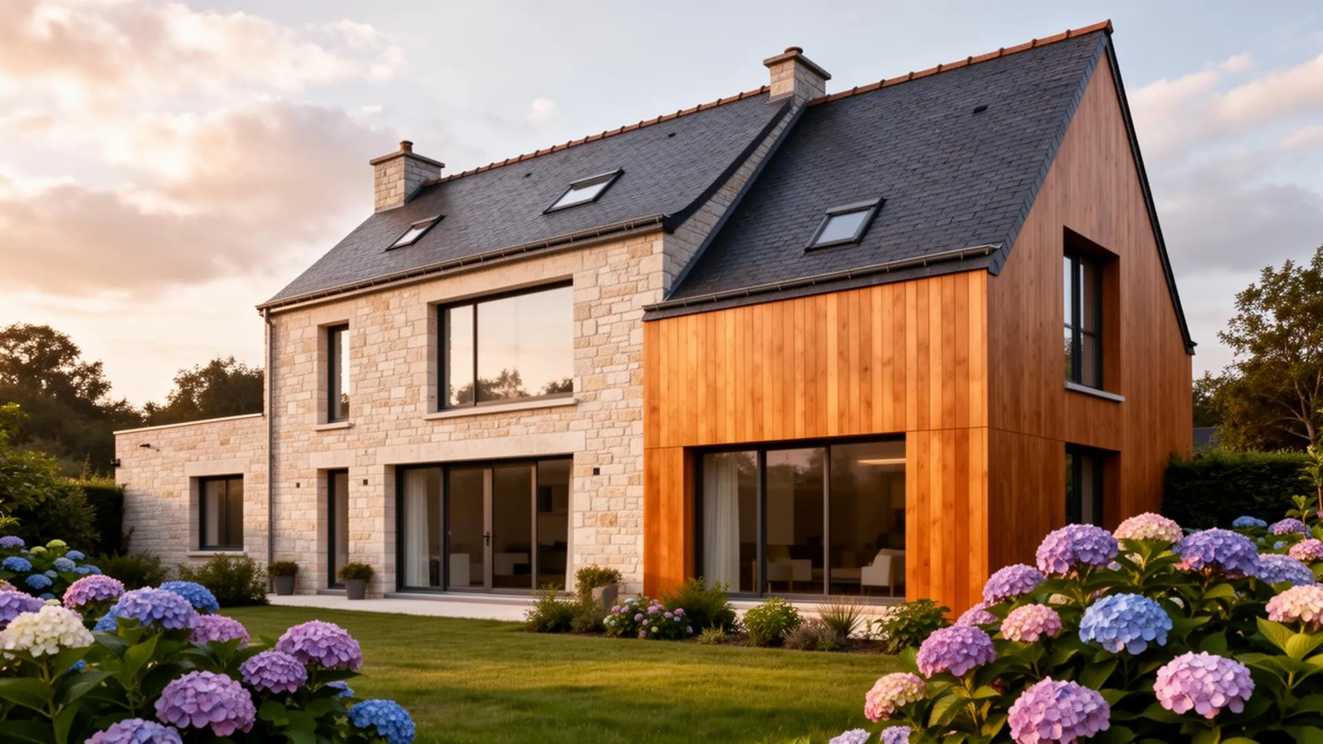 Maison neuve contemporaine en pierre et bois dans la région de Caen, livrée par Maison de Nacre